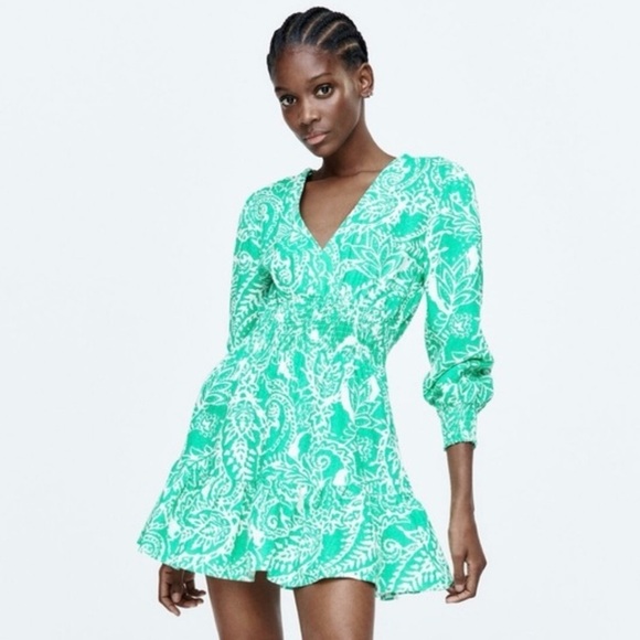 Zara Dresses & Skirts - Zara Green White Linen Blend Mini Dress Printed Long Sleeve V Neck Flowy Size S